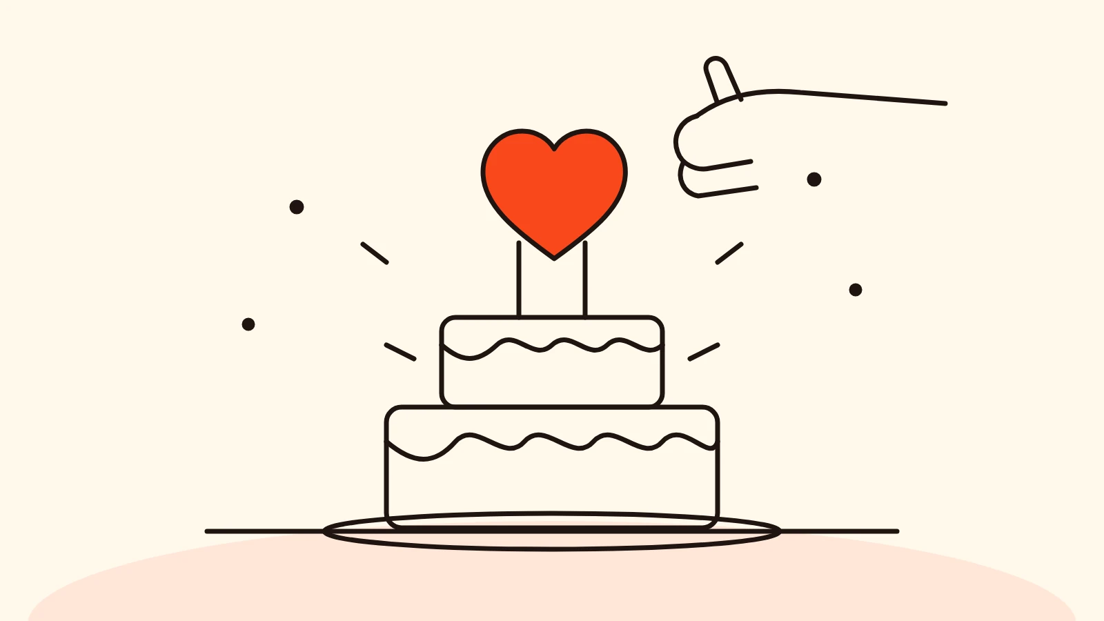 Ilustrație: o mână așază pe un tort cu două etaje un topper în formă de inimă, pe fundal crem.